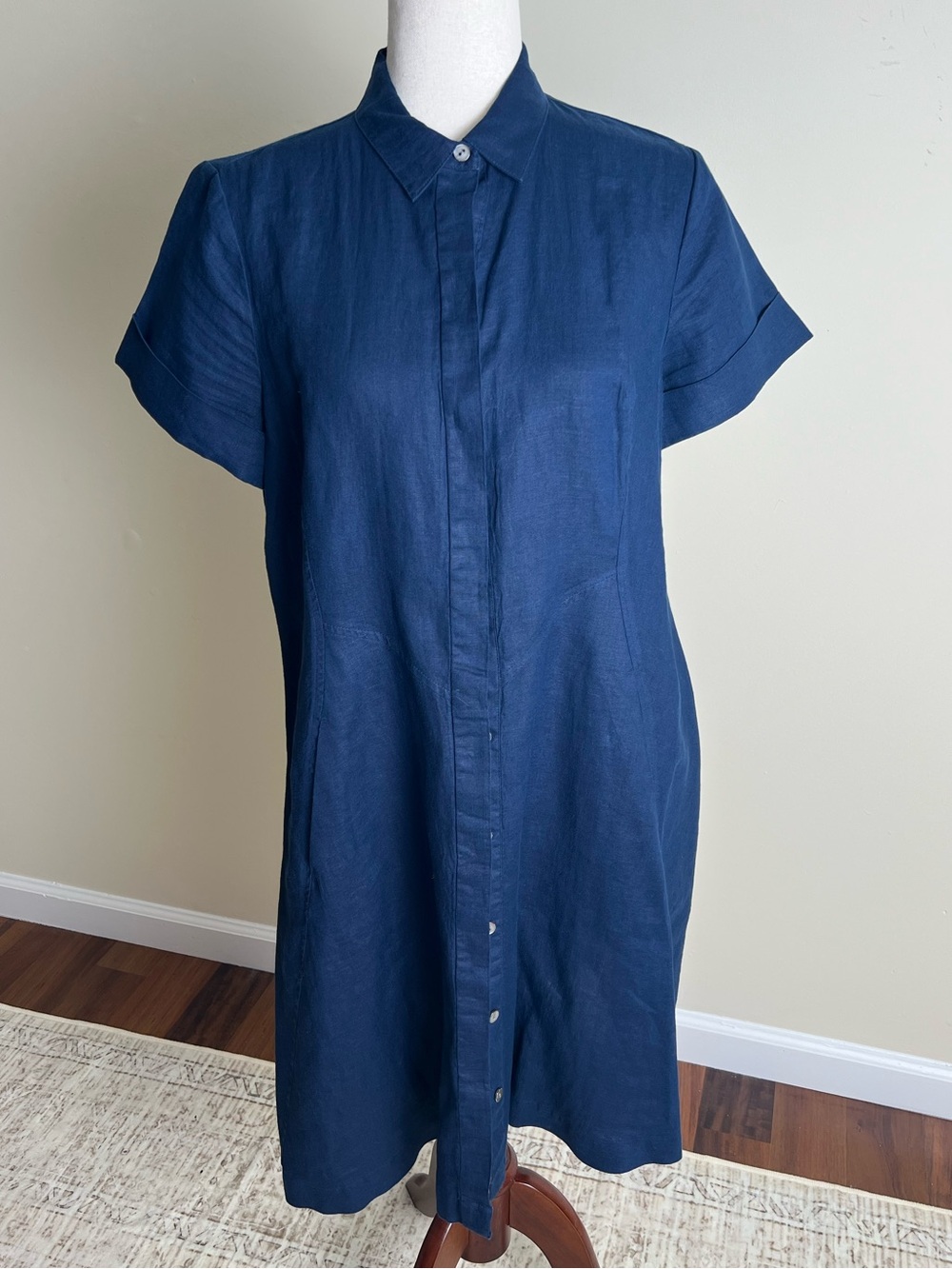 J.Jill Love Linen 100% Linen Shirtdress Size S Navy Blue Button Front Midi